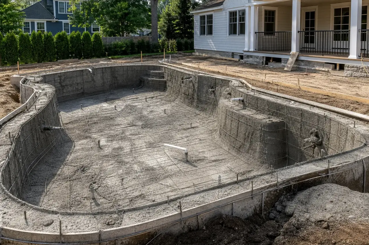 Rebar and shotcrete shell of a new gunite pool