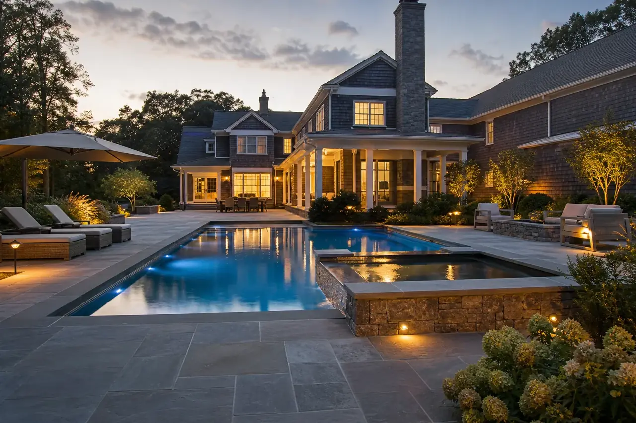 Custom gunite pool at dusk behind a Long Island home