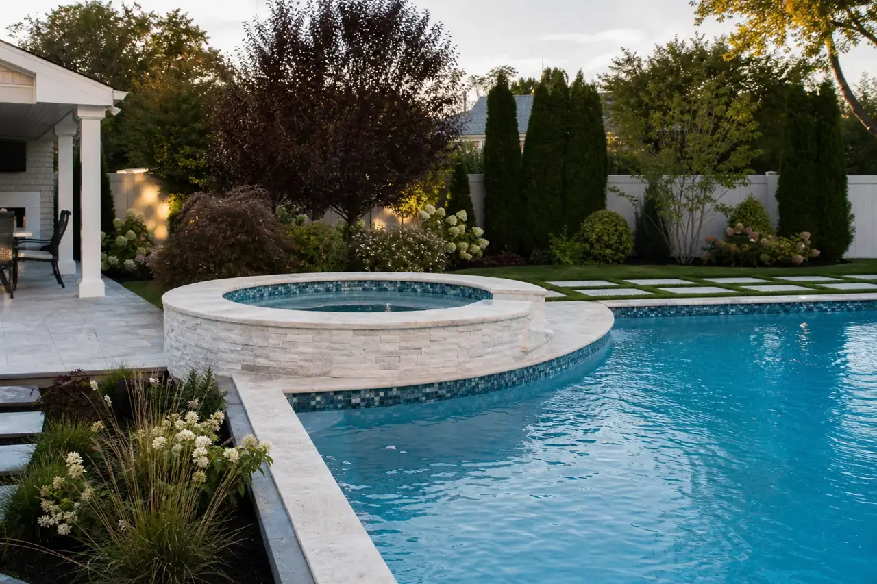Renovated pool with new mosaic tile and travertine coping
