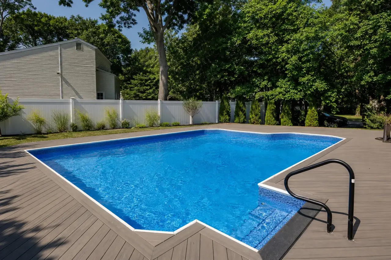 Finished vinyl liner pool in a Long Island backyard